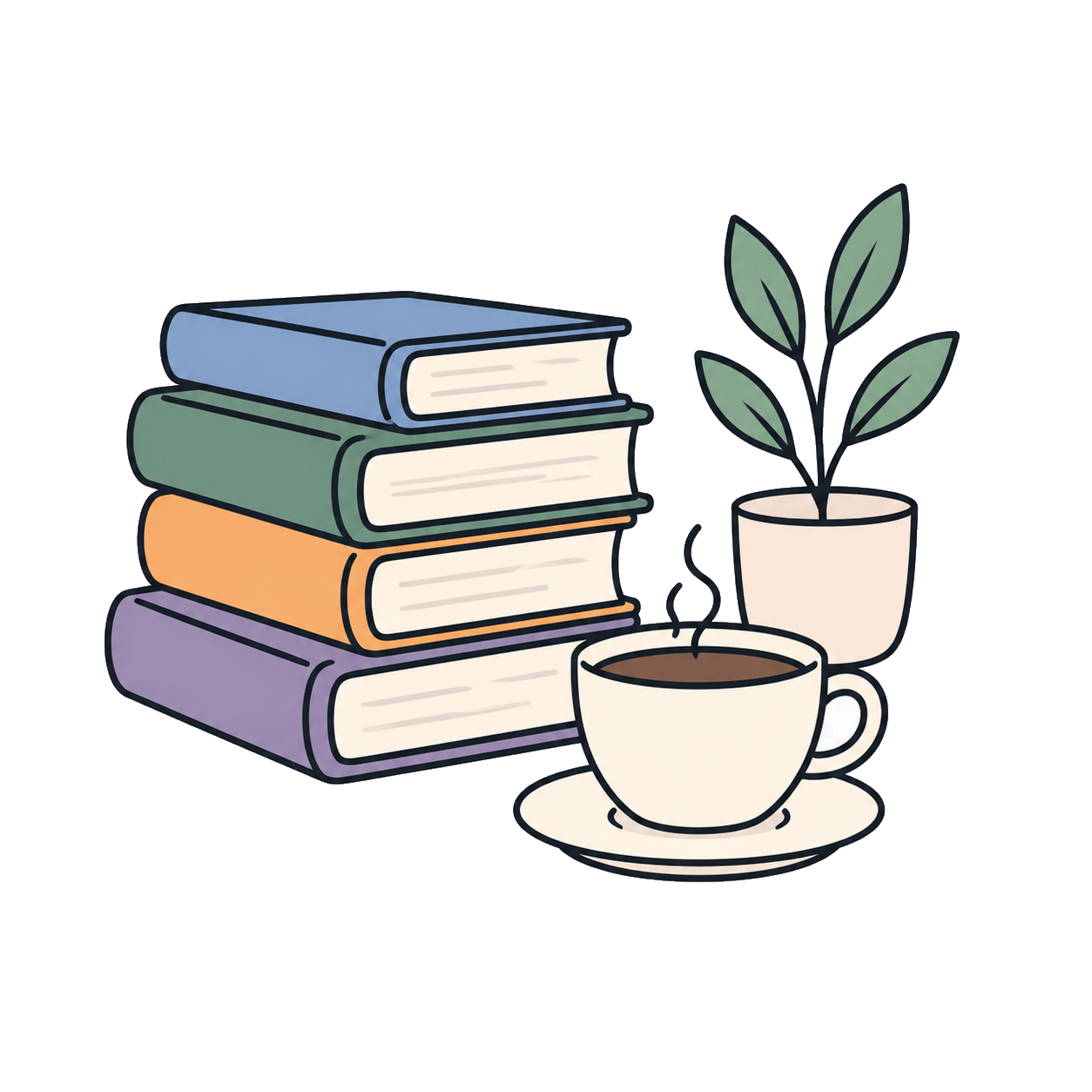 Книги, чашка кофе и растение